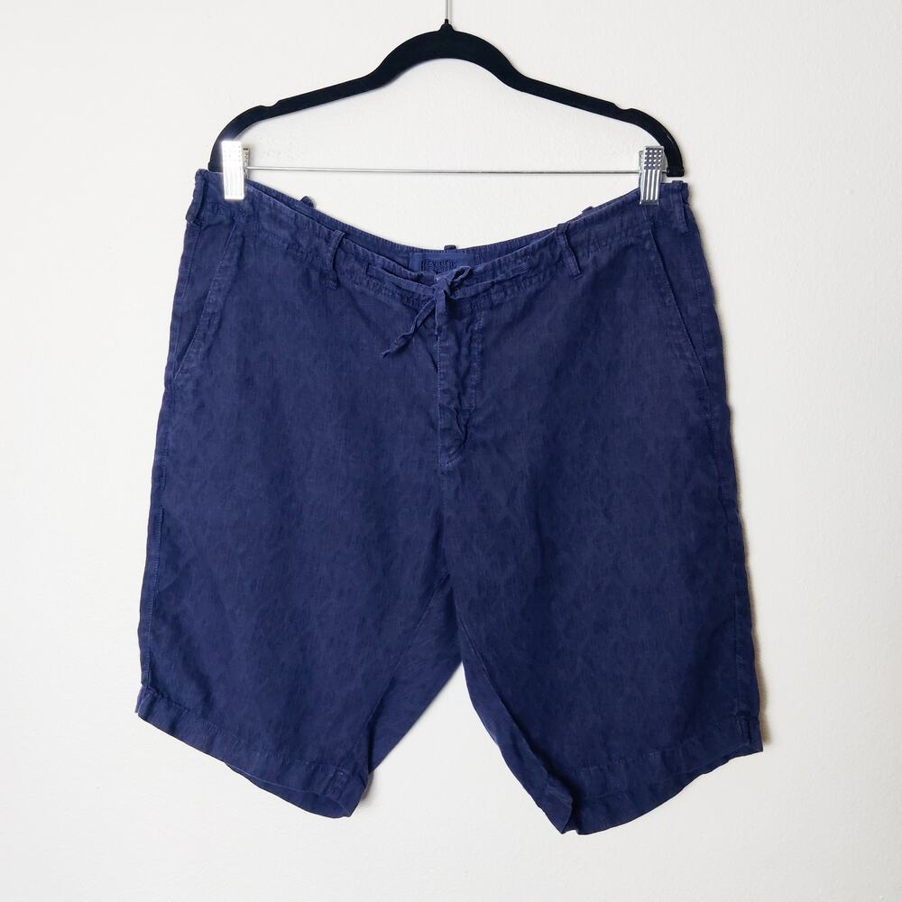 Benson NYC Linen Bermuda Shorts Navy Blue Ikat Print 36" x 10.5" Coastal Summer